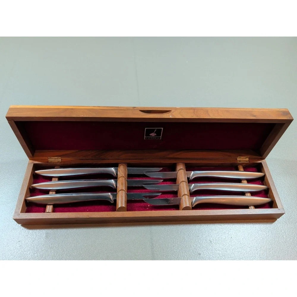 Vintage Gerber Miming Steak Knife Set of 6 in Solid Walnut Case Legendary Blades